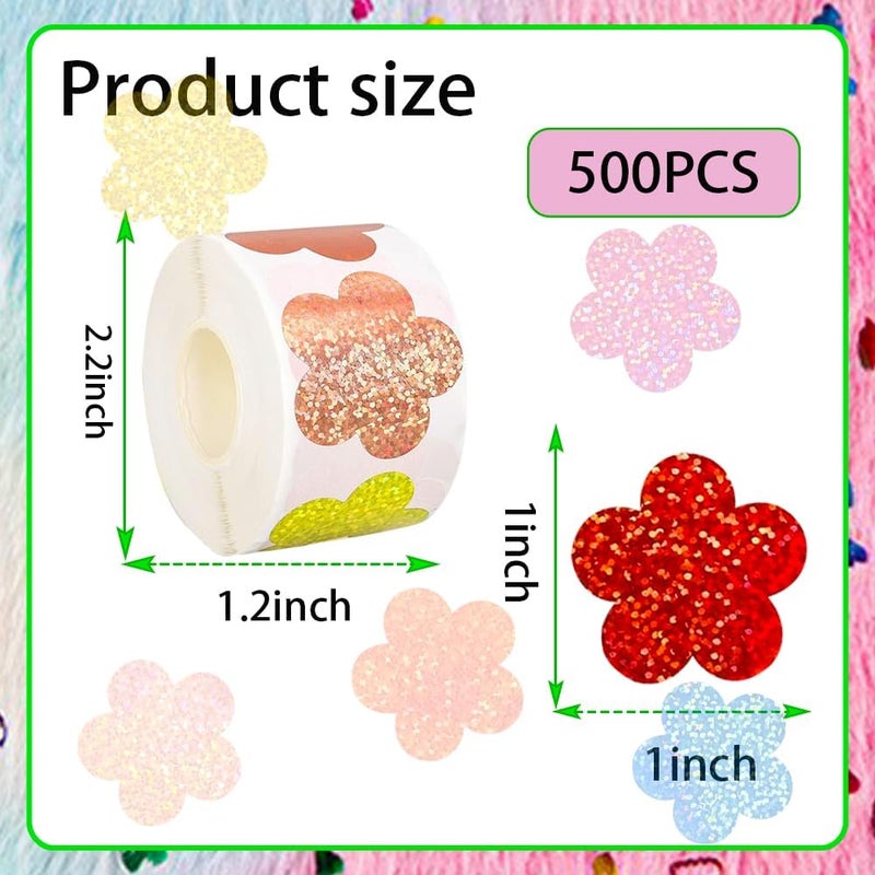 RUPOFUZA 500Pcs Spring Vinyl Floral Stickers Roll 1in Glitter Stickers 8 Colors Flower Label Tag Self-Adhesive Classroom Reward Waterproof Decals for Envelope Bottle Birthday Party Decor - Image 4
